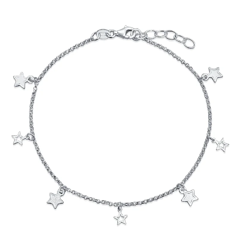 Ladies bracelets gradient gem bracelets-Patriotic Celestial Star Anklet Ankle Bracelet with Charms Sterling Silver Rolo Chain