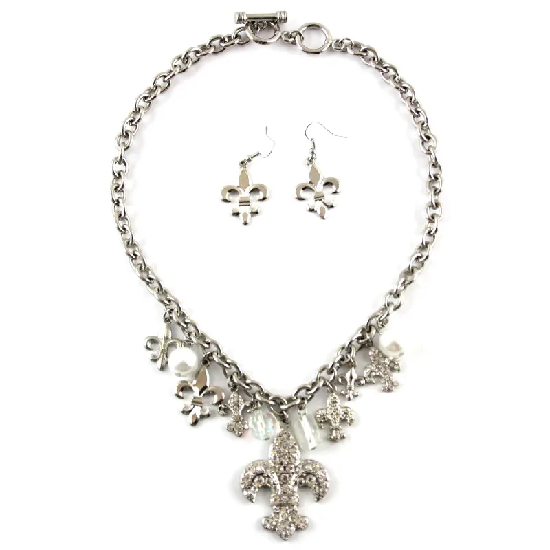 Ladies necklaces signature piece styles-Fleur De Lis Charm Necklace & Earrings