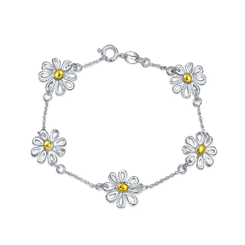 Ladies bracelets thin bangle designs-Summer Two Tone Chain Link Bracelet with Sunflower Daisy Charm 14K Gold Plated Silver