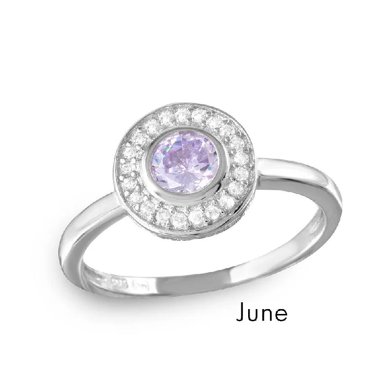 Ladies rings heritage inspired rings-June Sterling Silver 925 Rhodium Plated CZ Center Birthstone Halo Ring - BGR01082JUN