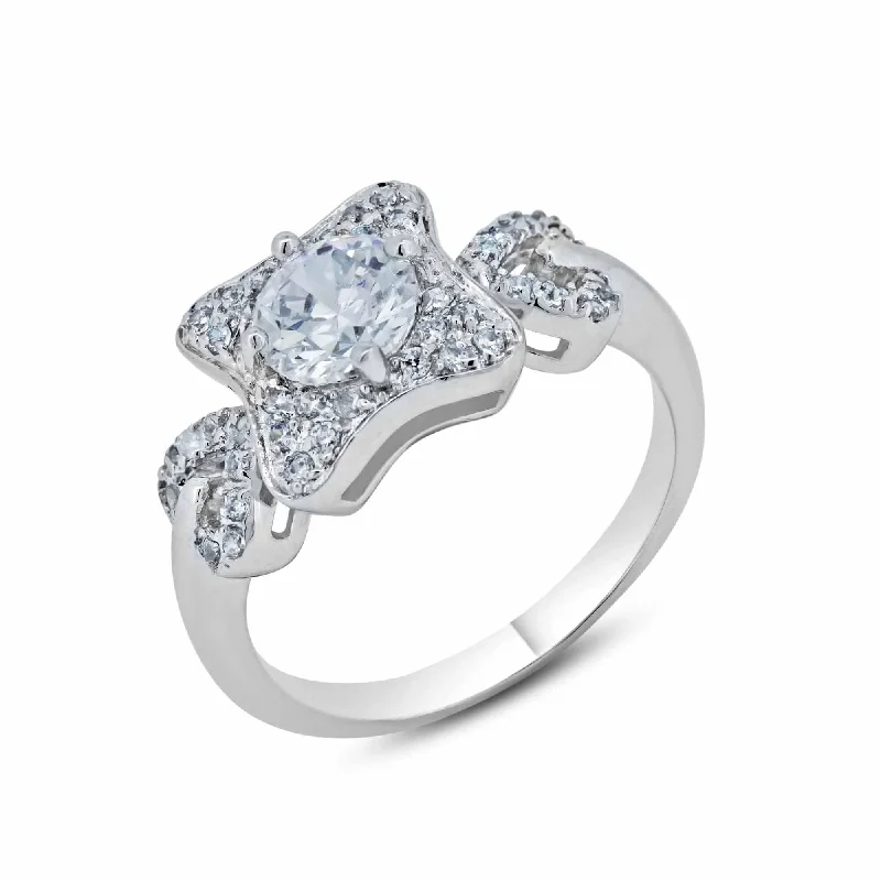 Ladies rings hand-forged designs-Silver 925 Rhodium Plated Square Clear CZ Bridal Ring - BGR00553