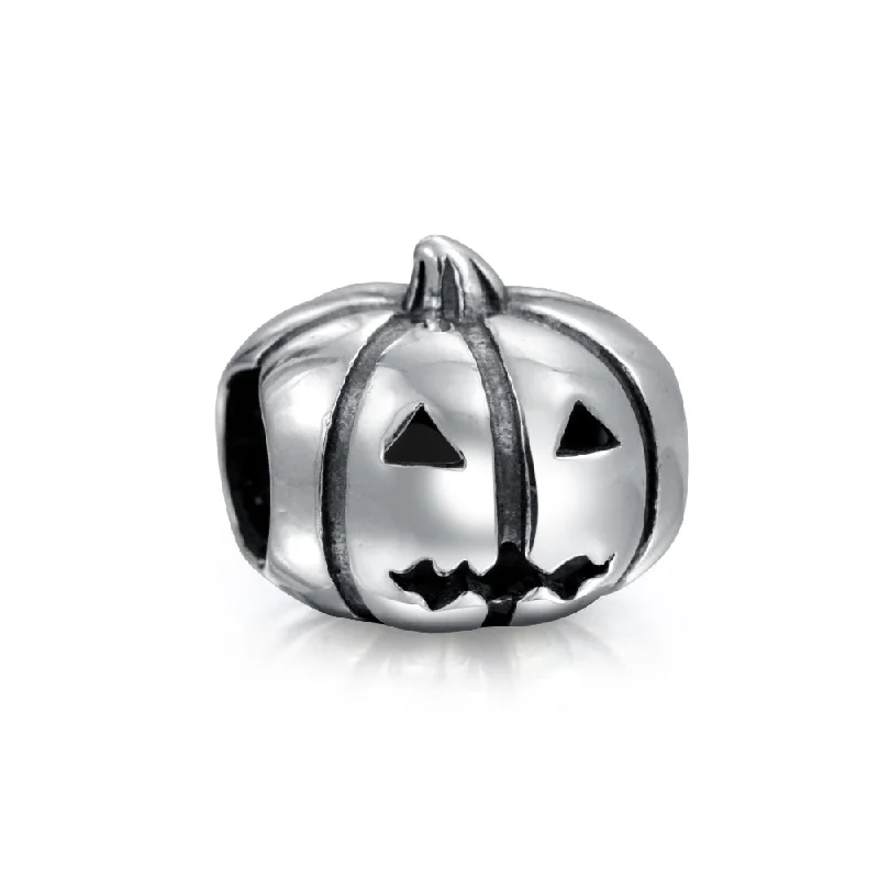 Ladies bracelets heart-shaped accents-Spooky Halloween Pumpkin Charm Bead in Oxidized Sterling Silver for Bracelets