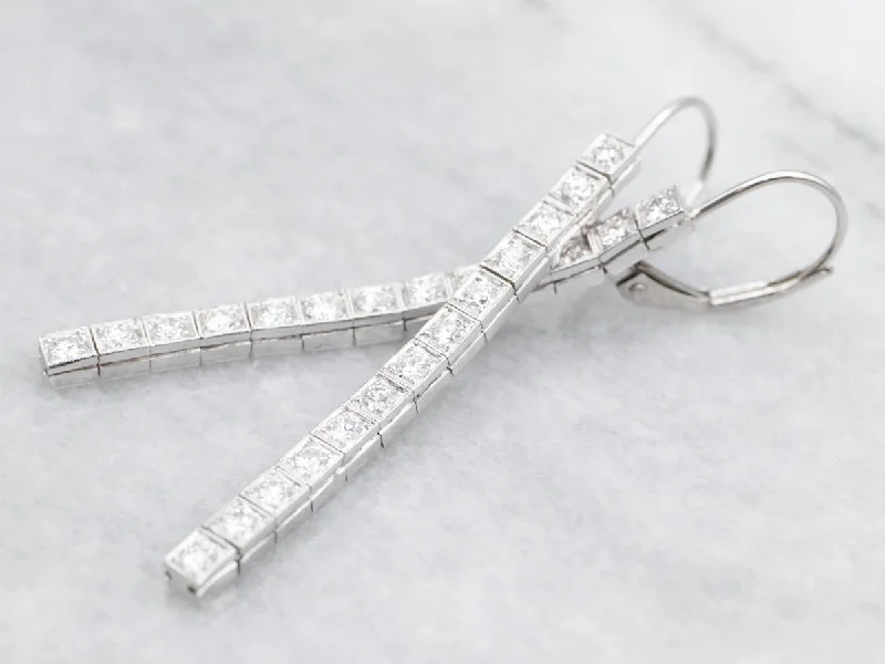 Ladies earrings futuristic design styles-Long Sparkling Platinum Diamond Drop Earrings