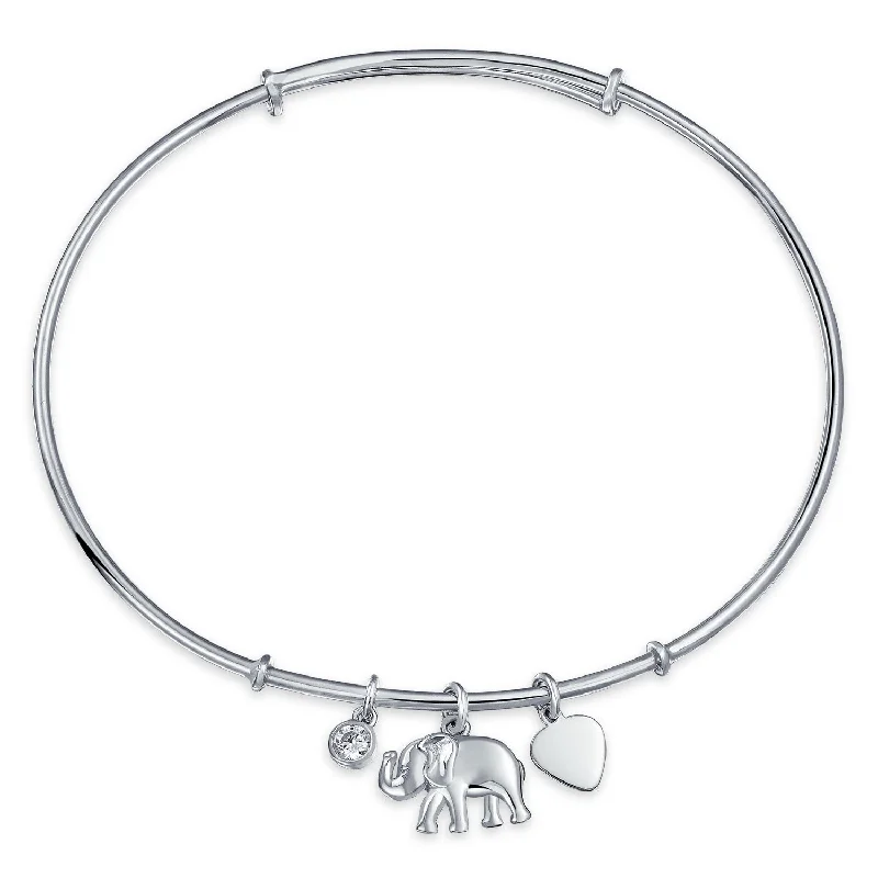 Ladies bracelets modern art bracelets-Elephant Heart Dangle Charm Bangle Bracelet CZ 925 Sterling Silver