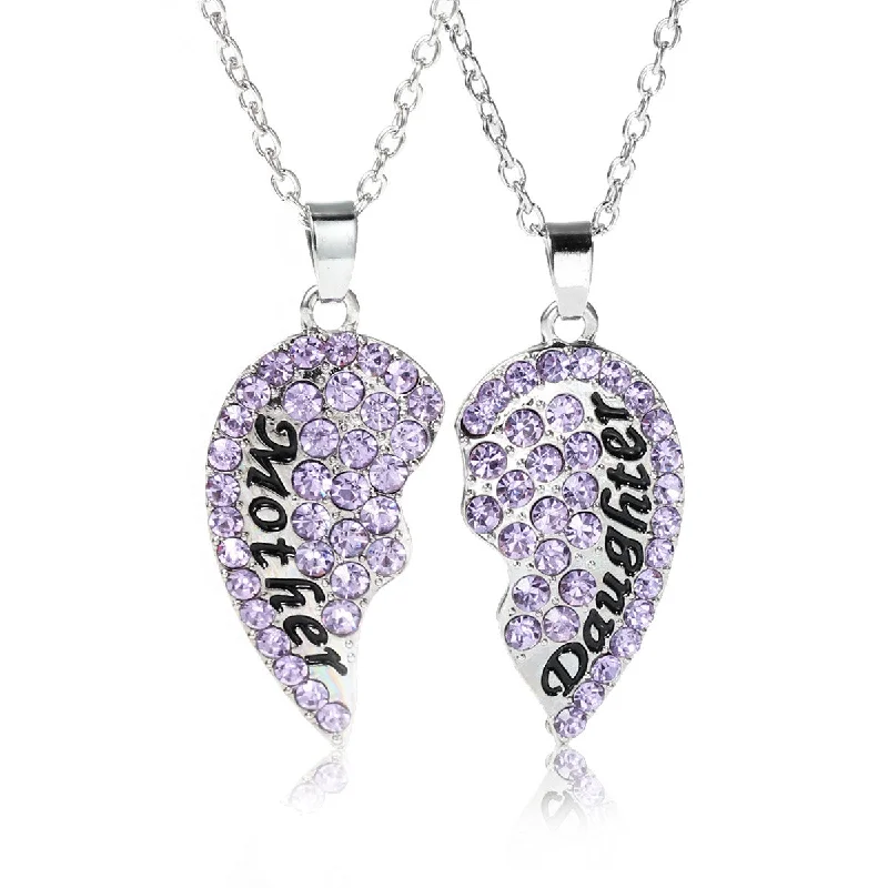 Ladies necklaces filigree detail necklaces-Necklace Long Link Cable Chain Broken Heart Message " Mother & Daughter " Pendants Mauve Rhinestone