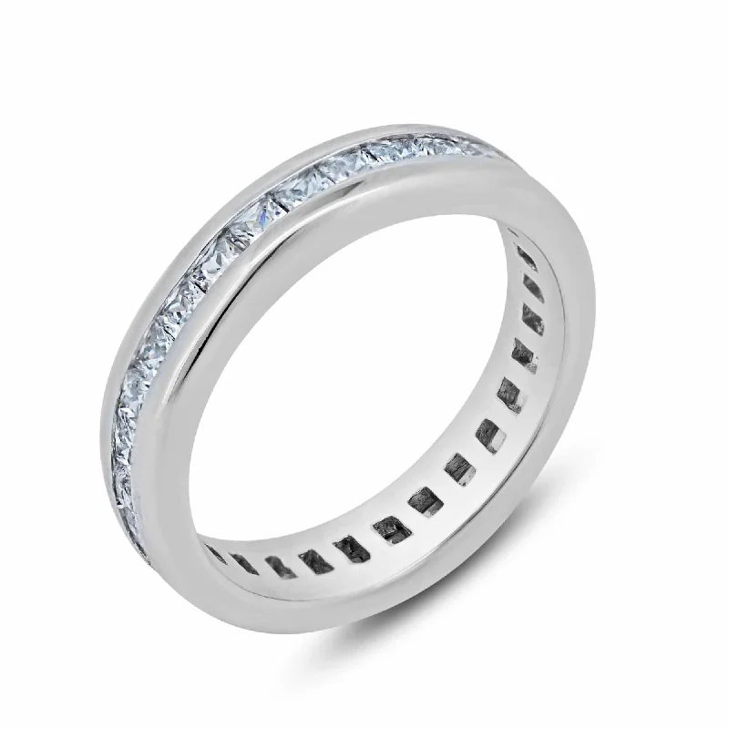 Ladies rings vintage modern rings-Silver 925 Rhodium Plated Channel Set Clear Square CZ Eternity Ring - BGR00055