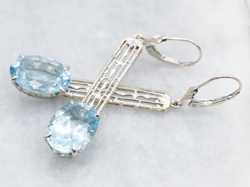 Ladies earrings casual chic vibes-White Gold Blue Topaz Filigree Drop Earrings