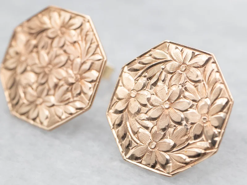 Ladies earrings upcycled earring designs-Beautiful Antique Cufflink Conversion Floral Stud Earrings