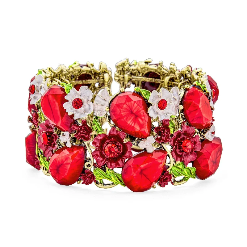 Ladies bracelets muted tone bracelets-Wide Red Crystal Flower Cuff Bracelet in Oxidized Gold Plating Flexible Design