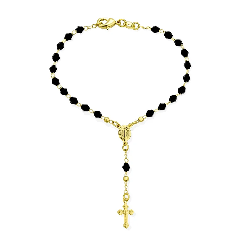 Ladies bracelets e-commerce store finds-Christian Rosary-Bead Bracelet Black Beads Virgin Mary Crucifix 18K Gold 7-7.5 Inch