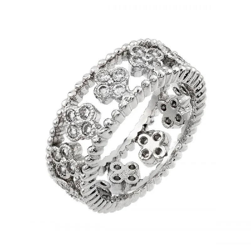 Ladies rings sister matching sets-Silver 925 Rhodium Plated Eternity Rope 4 CZ Cluster Ring - BGR00893