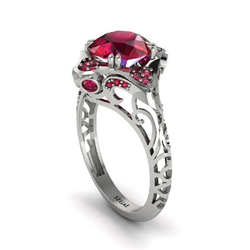 Ladies engagement rings bold solitaires-Ruby Ornate Filigree Engagement Ring - Evie No. 57