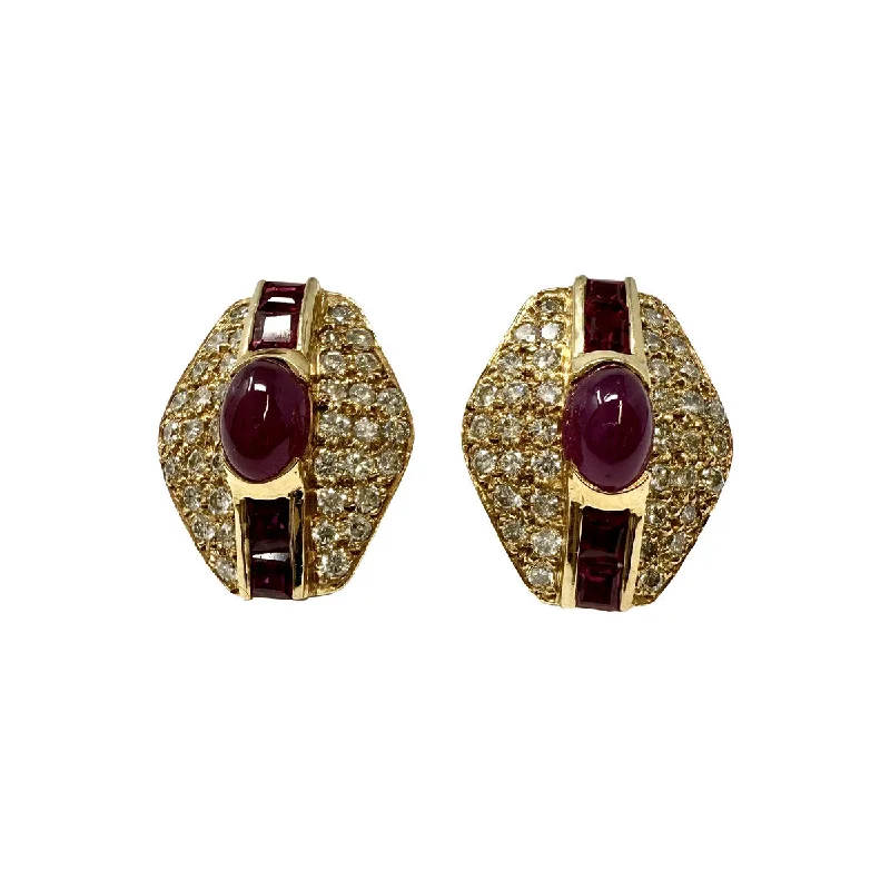 Ladies earrings simple shape earrings-14K Gold Stud Earrings with Diamond and Ruby