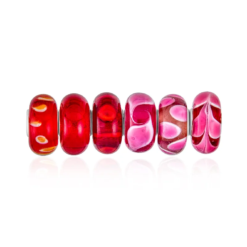 Ladies bracelets bold color bracelets-Mixed 6 Set Sterling Silver Core Red Pink Murano Glass Charm Bead for Bracelet