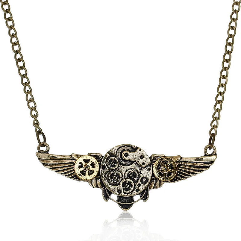 Ladies necklaces compact size styles-SEXY SPARKLES steampunk Necklace  Link Curb Chain Antique Bronze Wing Gear Connector for women