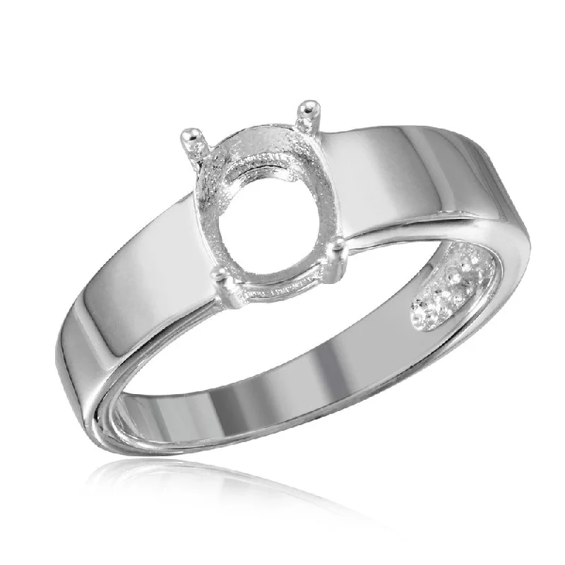 Ladies rings mature sophisticated styles-Silver 925 Rhodium Plated High Polished Band Slanted Single Stone Mounting Ring - BGR01017