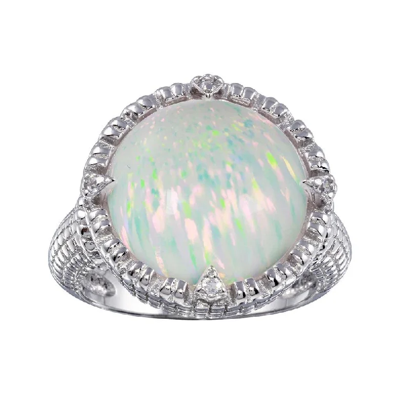 Ladies rings rose quartz styles-Rhodium Plated 925 Sterling Silver Round Opal Stone Ring with CZ - BGR01285