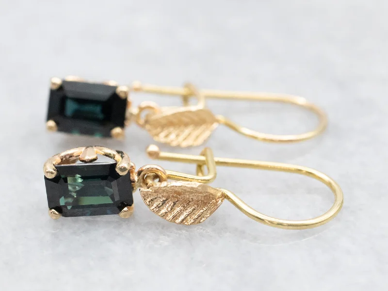 Ladies earrings light feel designs-Gold Leaf Teal Sapphire Drop Earrings