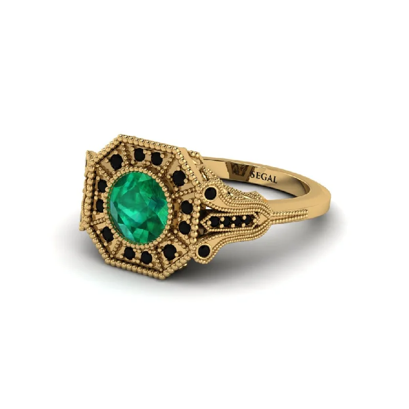 Ladies engagement rings bold halo bands-Emerald 14K Gold Art Deco Engagement Ring - Erin No. 34