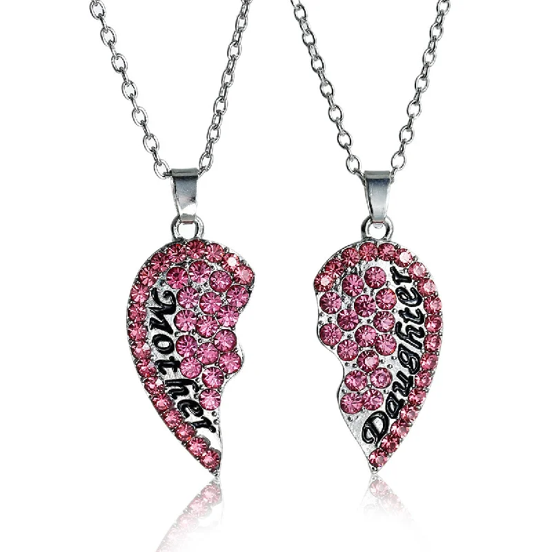 Ladies necklaces infinity symbol designs-Necklace Long Link Cable Chain Broken Heart Message " Mother & Daughter " Pendants Pink Rhinestone