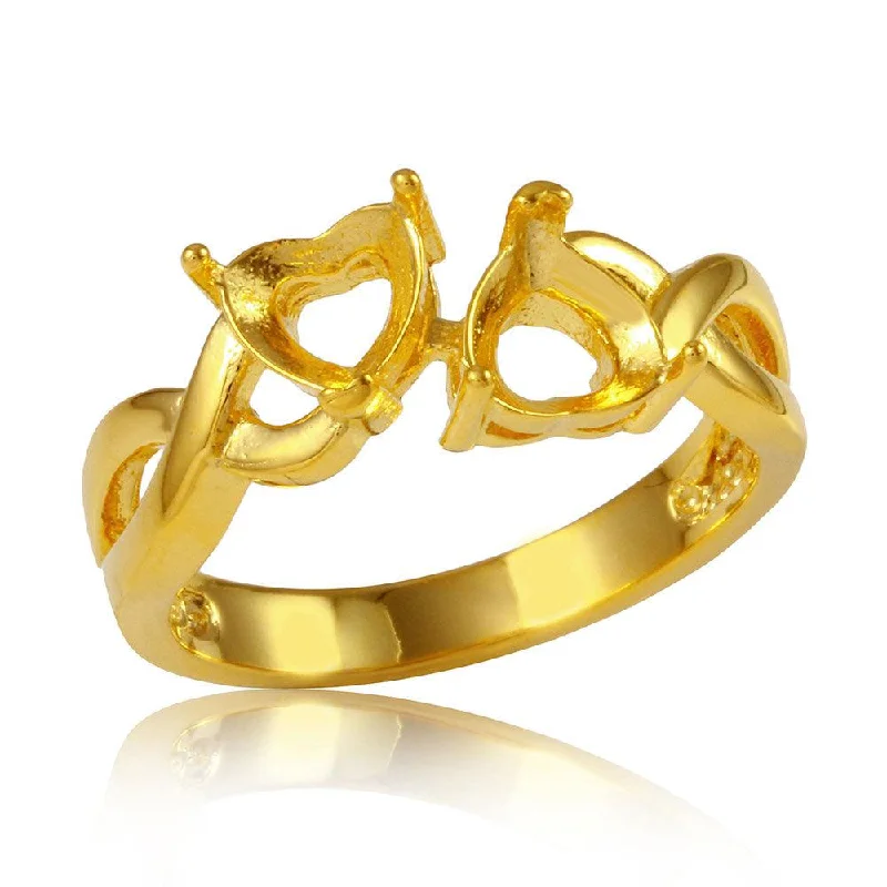 Ladies rings special occasion styles-Silver 925 Gold Plated Double Heart  Mounting Twisted Shank Ring - BGR01219GP