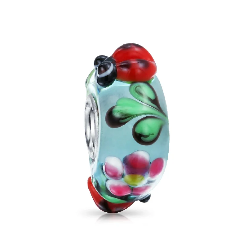 Ladies bracelets cute playful accents-Ladybug Insect Flower Glass Charm Bead for European Bracelet Sterling Silver Core