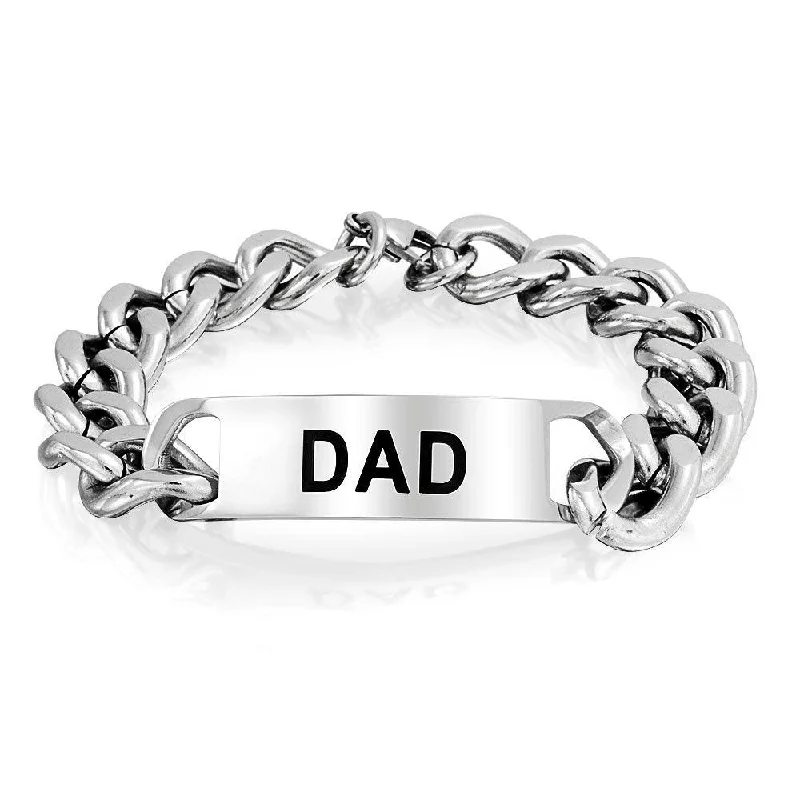 Ladies bracelets single band bracelets-Daddy Name Plated Bike Chain DAD ID Bracelet for Men Silver Tone Stainless Steel