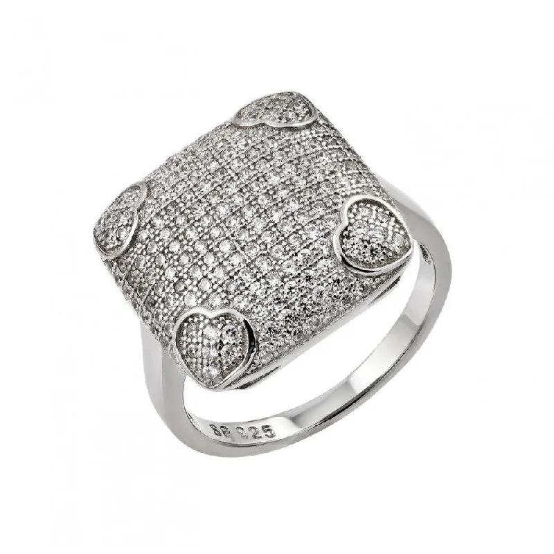 Ladies rings rustic charm designs-Silver 925 Rhodium Plated Clear Micro Pave CZ Heart Square Ring - STR00959