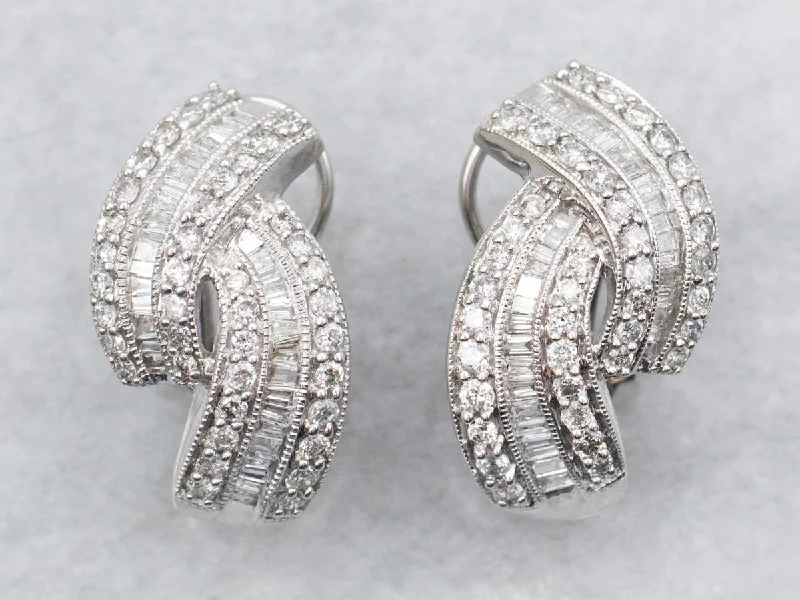 Ladies earrings secure post designs-Brilliant and Baguette Cut Diamond Earrings