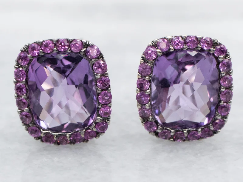 Ladies earrings bold color earrings-Amethyst Stud Earrings with Pink Sapphire Halo