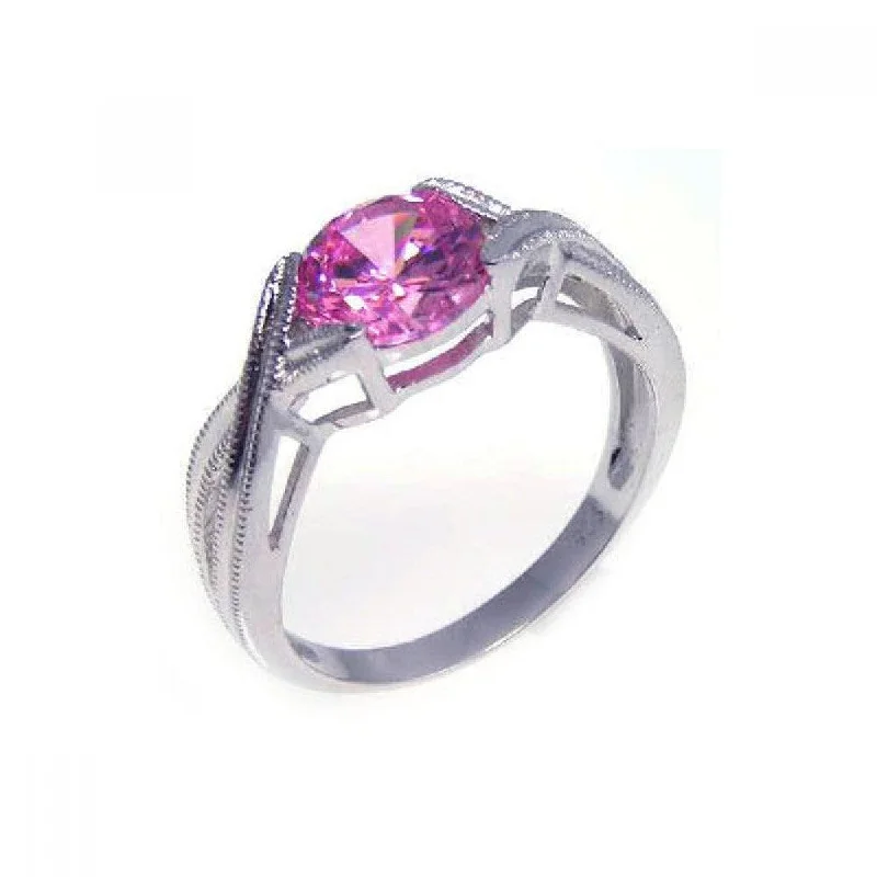 Ladies rings lab-created gem rings-Silver 925 Rhodium Plated Round Pink Center CZ Solitaire Ring - STR00533