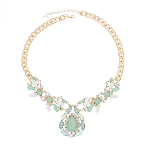 Ladies necklaces architectural style necklaces-Fashion Jewelry Necklace Gold Tone with Clear Rhinestone Green AB  Acrylic Stones