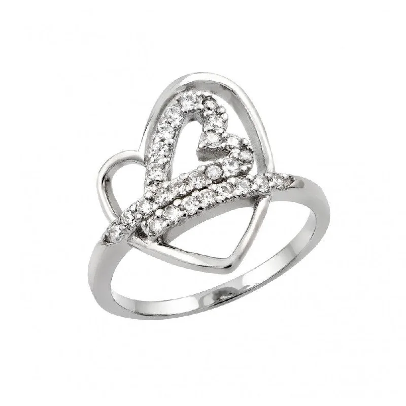 Ladies rings art deco designs-Silver 925 Rhodium Plated Clear CZ Inlay Open Heart Ring - STR00970