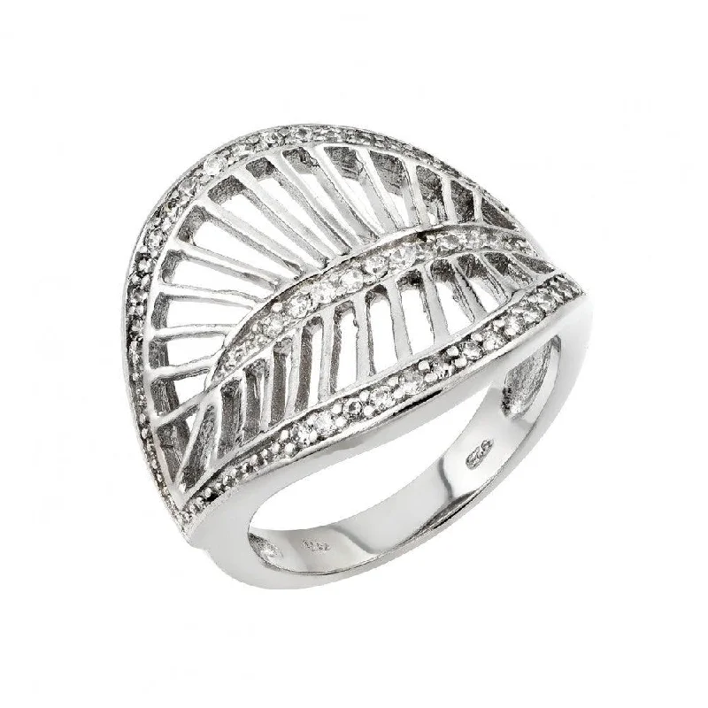 Ladies rings colorful gemstone picks-Silver 925 Rhodium Plated Clear CZ Filigree Leaf Ring - STR00972