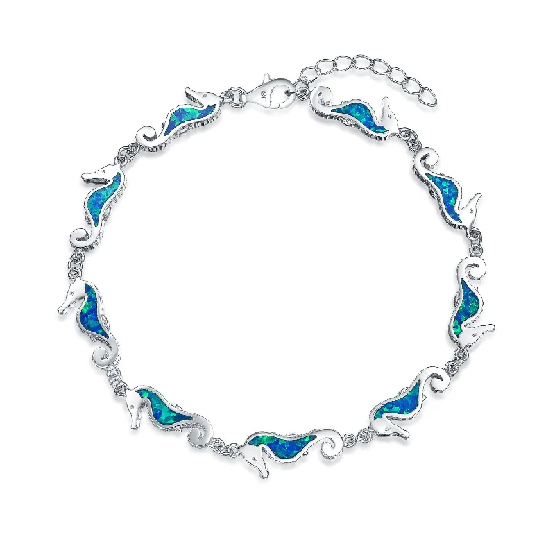 Ladies bracelets social media trends-Nautical Seahorse Opal Charm Strand Bracelet in Sterling Silver