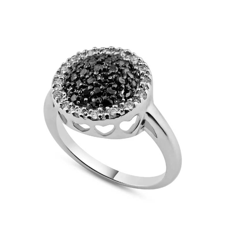 Ladies rings hypoallergenic materials-Silver 925 Rhodium and Black Rhodium Plated Clear and Black CZ Circle Ring - BGR00060