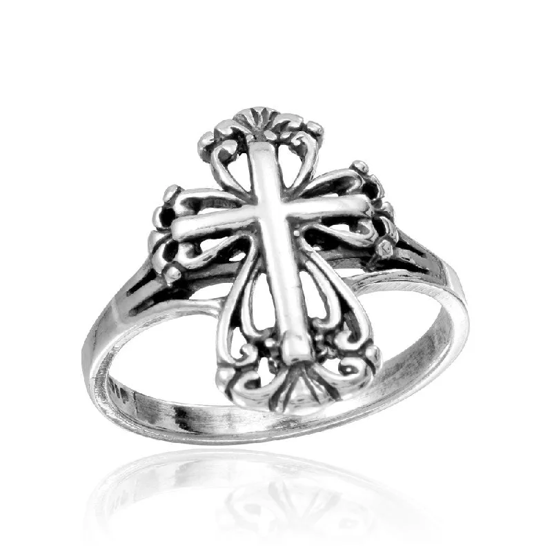 Ladies rings promise ring options-Rhodium Plated 925 Sterling Silver Cross Ring - CR00740