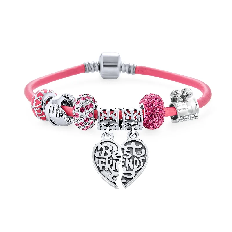 Ladies bracelets rotating gem designs-2 Piece Best Friend Heart Charm Bracelet Pink Leather & Silver Clasp 6.5-8.5In