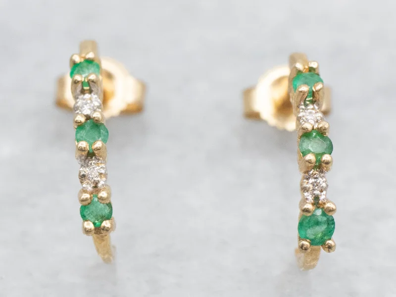 Ladies earrings cute playful accents-Emerald and Diamond J Hoop Earrings