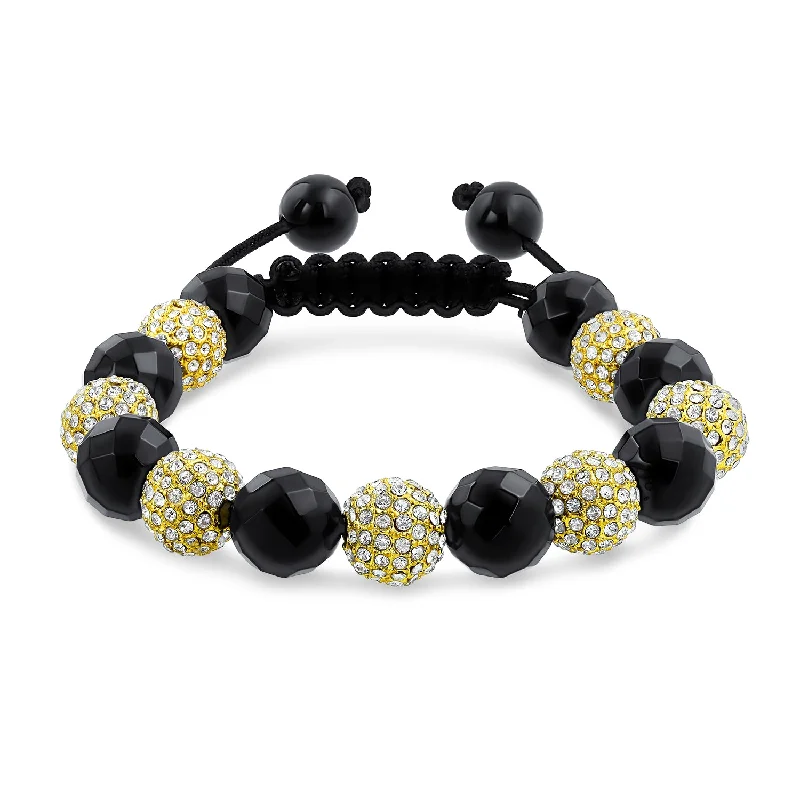 Ladies bracelets fabric band styles-Black Gold Tone Pave Crystal Strand Bracelet for Men with Ball Black Cord