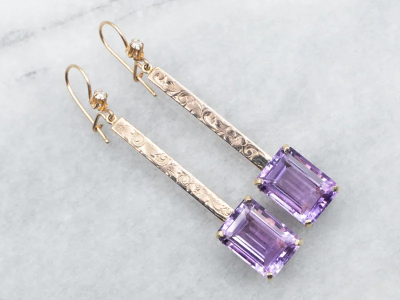 Ladies earrings standout unique styles-Two Tone Amethyst Bar Drop Earrings with Diamond Accents