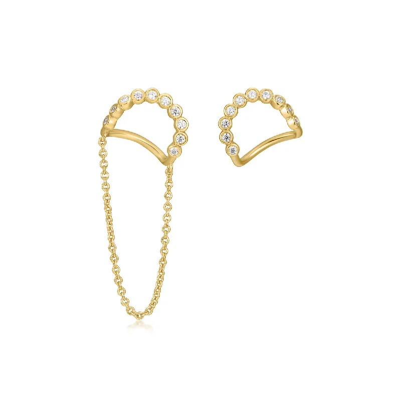 Ladies earrings brilliant cut designs-Gold Plated Wavy CZ Earrings with Chain Link Drop