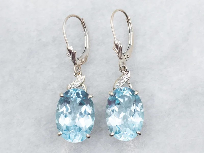 Ladies earrings exclusive limited editions-White Gold Blue Topaz and Diamond Drop Earrings