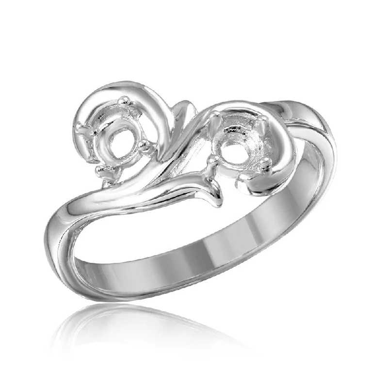 Ladies rings classic vintage looks-Silver 925 Rhodium Plated Vine Design 2 Stones Mounting Ring - BGR01206