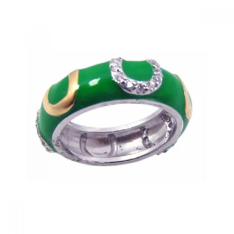 Ladies rings elegant gold designs-Clearance-Silver 925 Rhodium Plated Green Enamel CZ Horse Shoe Ring - STR00455