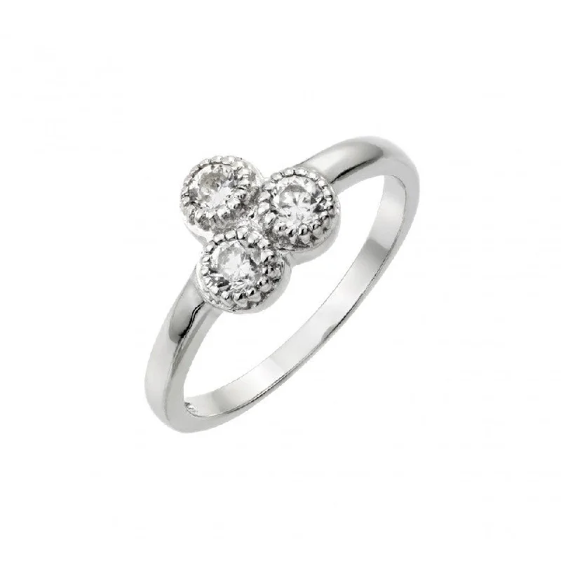 Ladies rings feather-inspired styles-Silver 925 Rhodium Plated Three Round Clear CZ Ring - STR01009