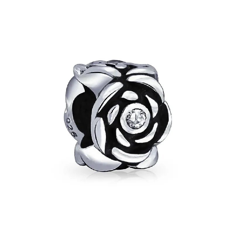 Ladies bracelets physical store locations-Black Rose Charm Bead with Flower CZ Accent for European Bracelet Sterling Silver