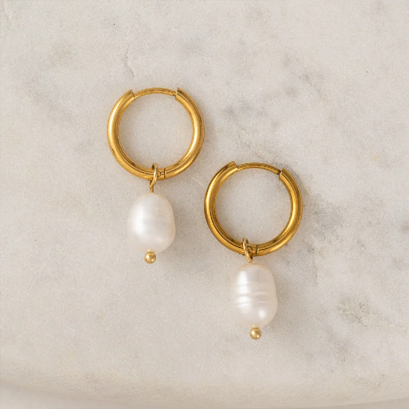 Ladies earrings mid-century modern looks-Gold Oceane Pearl Hoop Earrings