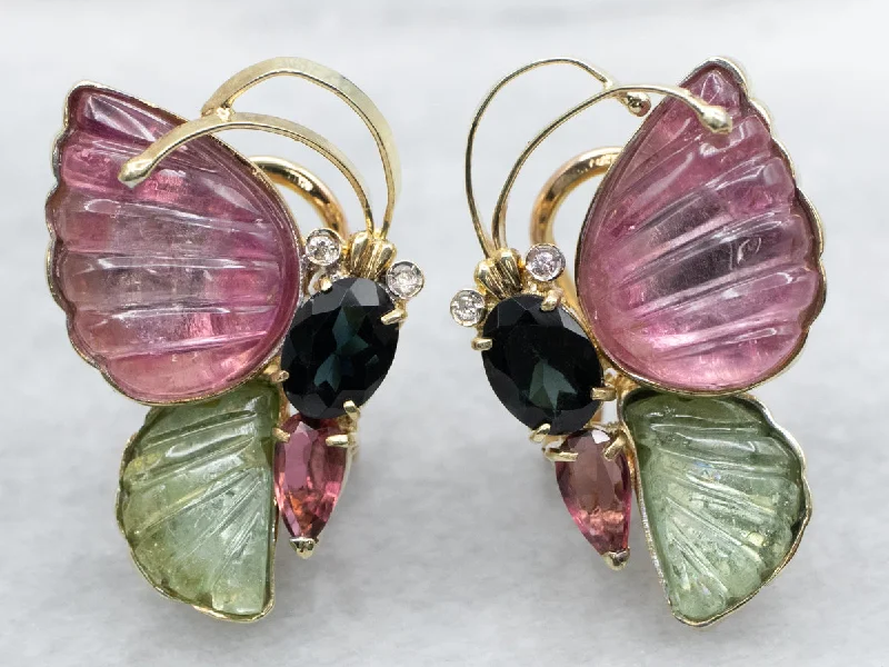 Ladies earrings glossy finish styles-Multi Colored Tourmaline and Diamond Butterfly Earrings