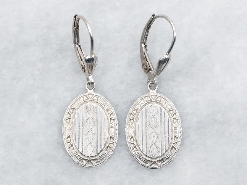 Ladies earrings European-inspired flair-White Gold Etched Drop Earrings